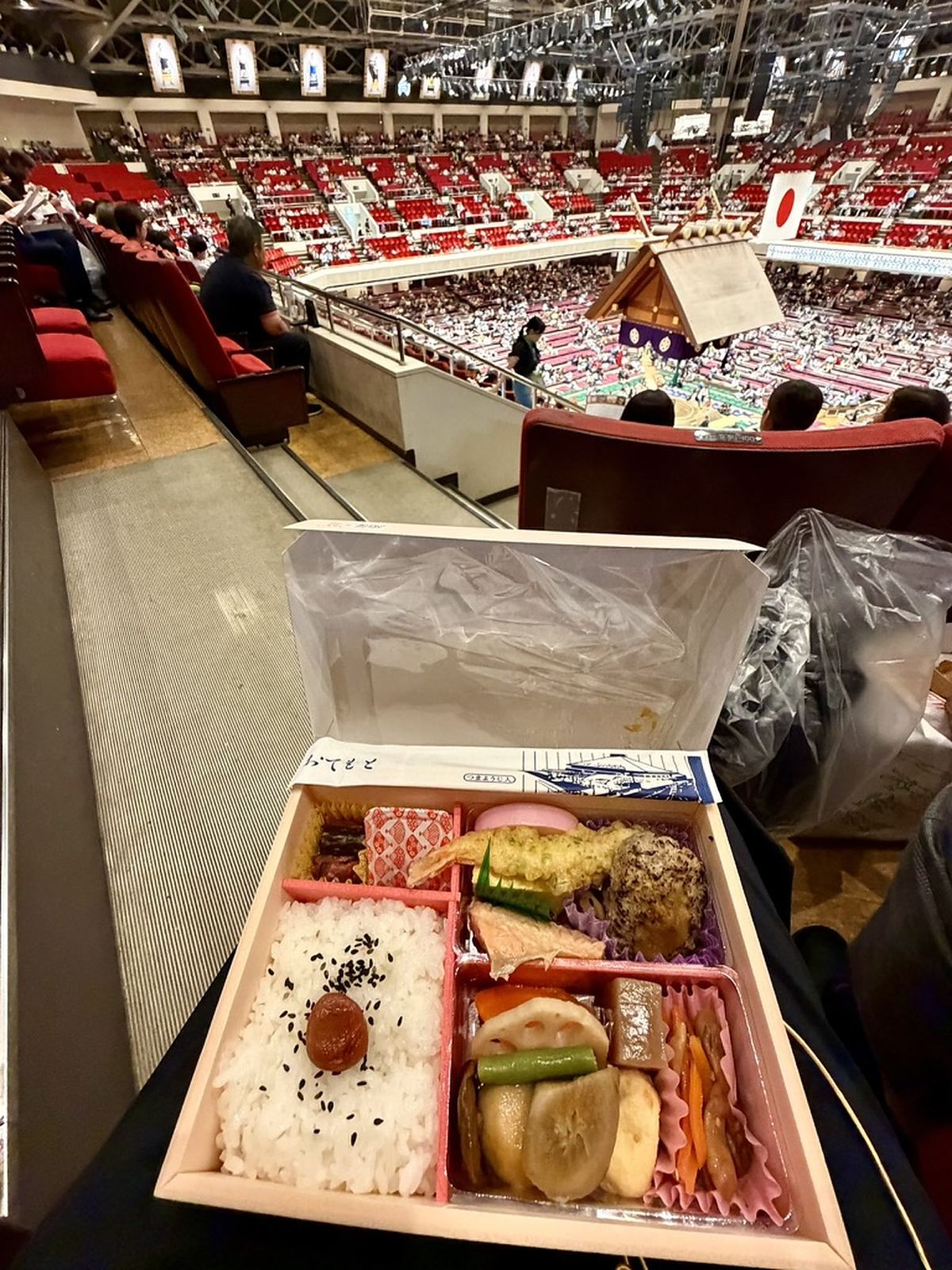 膝の上で開けた弁当。梅干しのご飯、天ぷら、鮭、れんこん、煮物。下に土俵と赤いイス席