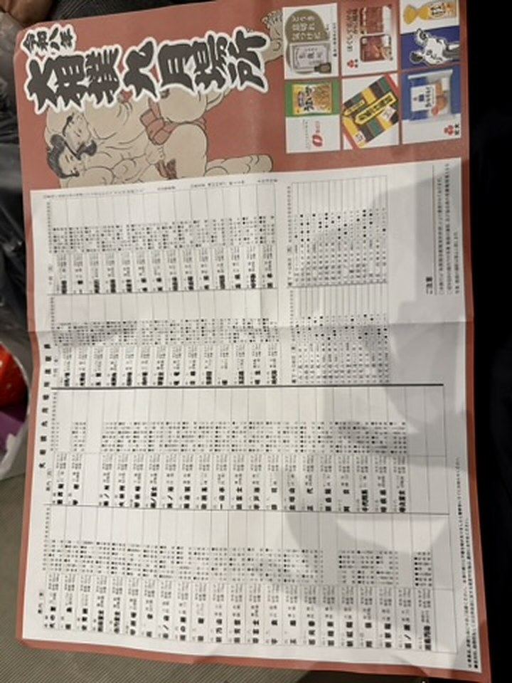 膝の上に広げた九月場所の取組表。四股名がびっしりと並んでいる
