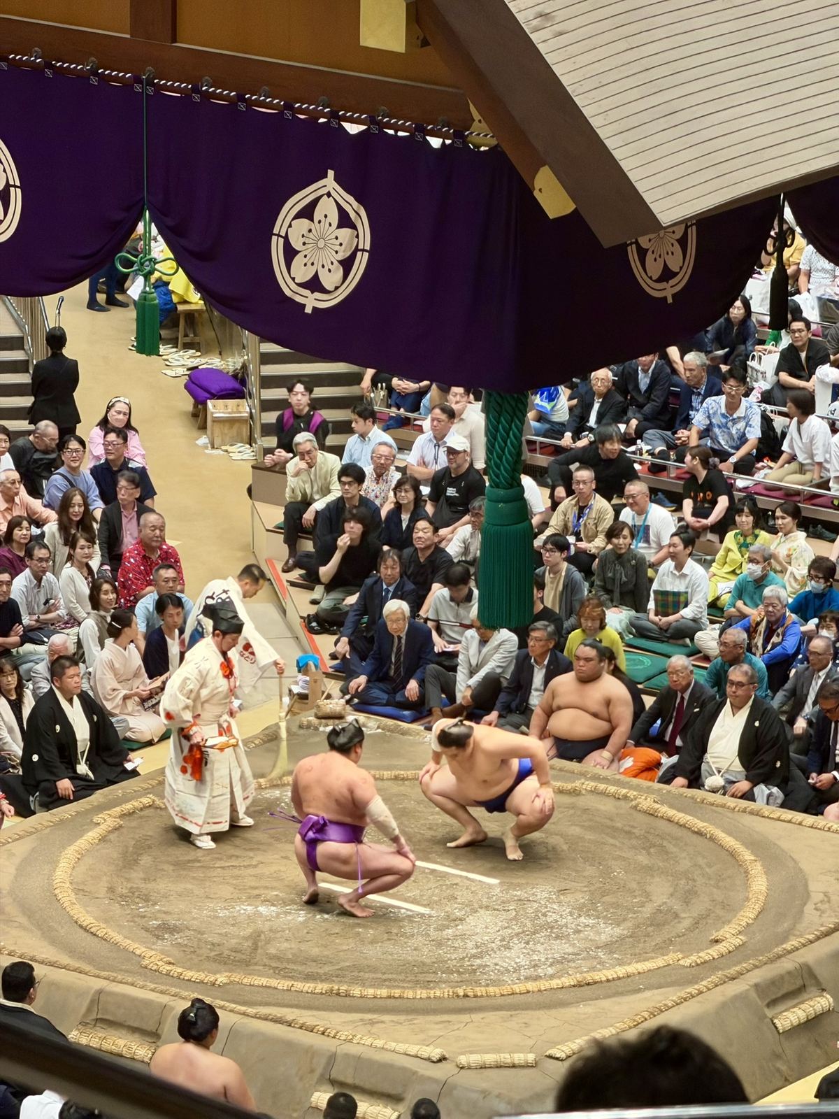 土俵の上で向かい合ってしゃがむ二人の力士と、白い装束の行司